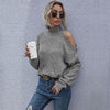 Ladies Loose Off Shoulder Ripped Long-Sleeved Turtleneck Autumn Knitted Sweater, Size:M(Dark Grey)