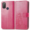 For Alcatel 1S 2021 Four-leaf Clasp Embossed Buckle Mobile Phone Protection Leather Case with Lanyard & Card Slot & Wallet & Bracket Function(Magenta)