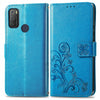 For Alcatel 1S 2021 Four-leaf Clasp Embossed Buckle Mobile Phone Protection Leather Case with Lanyard & Card Slot & Wallet & Bracket Function(Blue)