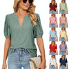 Women Summer Casual V-Neck Hollow Bubble Sleeve Loose T-Shirt, Size: XL(Wine Red)
