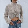 Crop Top Long Sleeve Pullover Turtleneck Leopard Shirt, Size:L(Khaki)