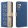 For Samsung Galaxy S23 5G Splicing Color Hollow Flower Pattern RFID Leather Phone Case(Dark Blue)