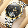 OLEVS 6663 Men Multifunctional Waterproof Hollow Steel Strap Mechanical Watch(Black + Gold)