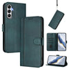 For Samsung Galaxy A14 4G / 5G Line Splicing Buckle Retro Leather Phone Case(Dark Green)