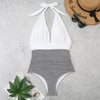 Summer One-piece Backless Lace-Up Ladies Swimsuit Floral-print Halter Bikini, Size: XL(White+Oblique Strip)