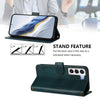 For Samsung Galaxy S21 FE 5G Line Splicing Buckle Retro Leather Phone Case(Dark Green)