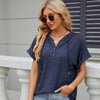 Ladies Summer Hooded Button Loose Short Sleeve T-Shirt Blouse, Size: S(Navy)