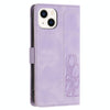 For iPhone 15 Plus Tulips Embossed Leather Phone Case with Lanyard(Purple)