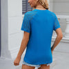 Summer Women Round Neck Flower Lace Patchwork Short Sleeve T-Shirt, Size: L(Peacock Blue)