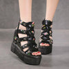 Summer Roman Sandals High Heel Floral Printed Cross Strap Women Shoes, Size: 40(Black)