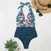 Summer One-piece Backless Lace-Up Ladies Swimsuit Floral-print Halter Bikini, Size: M(Flower+Deep Blue)