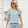 Women V-Neck Button Hollow Loose Short Sleeve T-Shirt Blouse, Size: L(Sky Blue)