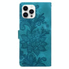 For iPhone 15 Pro Lace Floral Embossed Magnetic Buckle Leather Phone Case(Green)