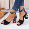 Summer Women Buckle High Heel Sandals Embroidered Chunky Ladies Sandals, Size: 39(Black)