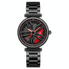 SANDA 1074 3D Hollow Out Wheel Non-rotatable Dial Quartz Watch for Women, Style:Steel Belt(Black Red)