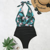 Summer One-piece Backless Lace-Up Ladies Swimsuit Floral-print Halter Bikini, Size: L(Flower+Black)