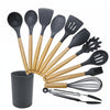 kn082 11 in 1 Wooden Handle Silicone Kitchen Tool Set with Storage Bucket(Black)