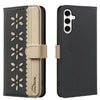 For Samsung Galaxy A15 Splicing Color Hollow Flower Pattern RFID Leather Phone Case(Black)