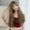 Wig Female Long Hair Full Headgear Straight Hair Natural Air Bangs Full Top Wig(Honey Tea Linen 58CM)