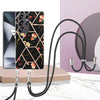 For Samsung Galaxy S25 Ultra 5G Electroplating Splicing Marble Flower IMD TPU Phone Case with Lanyard(Black Flower)