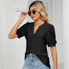 Women Summer Casual V-Neck Hollow Bubble Sleeve Loose T-Shirt, Size: L(Black)
