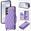 For Samsung Galaxy S23+ 5G Rhombic Dual Buckle Card Slots Phone Case with Lanyard(Purple)