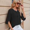 Summer Women Loose Chiffon Blouse Tops Round Neck 5 Points Sleeve Short Sleeve, Size: L(Black)