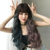 Wig Female Long Hair Full Headgear Big Wave Two-Color Full Bangs Headgear(Dradient Mint Cherry 76CM)