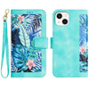 For iPhone 15 Plus Floral Pattern Leather Phone Case with Lanyard(Green)