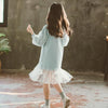 Autumn Girls Fashion Letter Pattern Long Sleeve Lace Stitching Dress, Kid Size:150 Yards(Light Blue)