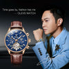 OLEVS 6658 Men Luminous Waterproof Leather Strap Mechanical Watch(Blue + Rose Gold)