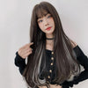 Wig Female Long Hair Hanging Ears Highlight Hair Full Headgear Bangs Long Curly Hair(Black Tea White Rainbow 65cm)