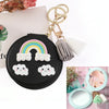 PU Leather Double-sided Folding Mirror Rainbow Tassel Makeup Mirror Keychain(Black)