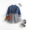 Spring and Summer Girls Long-sleeved Denim Stitching Mesh Dress, Size:110cm(Dark Blue)