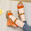Summer Floral Fabric Slope Heel Women Sandals Comfortable Casual High Heels, Size: 37(Black)