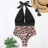 Summer One-piece Backless Lace-Up Ladies Swimsuit Floral-print Halter Bikini, Size: XL(Black+Leopard)