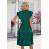 Butterfly Sleeve Layered Hem Dress V-Neck Loose Waist-Cinching Patchwork Dress, Size: XL(Dark Green)