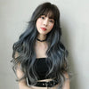 Wig Female Long Hair Big Wave Gradient Full Headgear(Gradient Fog Blue Gray 68CM)