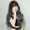 Wig Female Long Hair Big Wave Gradient Full Headgear(Gradient Fog Blue Gray 68CM)