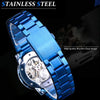 Winner Leisure Skeleton Diamond Luminous Pointer Watch Men Manual Mechanical Watch(Blue Belt Black Shell Blue Face)