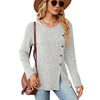 Autumn And Winter Round Neck Button Split Loose Long-Sleeved T-Shirt Top, Size: XXL(Light Grey)