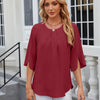 Summer Women Loose Chiffon Blouse Tops Round Neck 5 Points Sleeve Short Sleeve, Size: M(Wine Red)