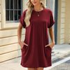 Women Spring Summer Round Neck Pocket Loose Short Sleeve Dress, Size: XXL(Wine Red)