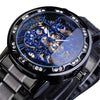 Winner Leisure Skeleton Diamond Luminous Pointer Watch Men Manual Mechanical Watch(Black Belt Black Shell Blue Face)