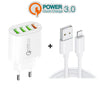 QC-04 QC3.0 + 3 x USB2.0 Multi-ports Charger with 3A USB to 8 Pin Data Cable, EU Plug(White)