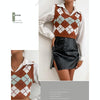 Plaid Sleeveless Ladies V Neck Knit Crop Top Sweater Vest, Size:M(Coffee)