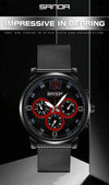 SANDA 5009 Business Fashion Three Eye Six Needle Casual Leather Waterproof Men Quartz Watch(Black Silver)