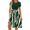 Women Spring Summer Round Neck Splicing Printed Short Sleeve Big Hem Dress, Size: L(Dark Green)