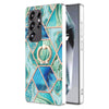 For Samsung Galaxy S25 Ultra 5G Splicing Marble Flower IMD TPU Phone Case Ring Holder(Green)