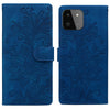 For Samsung Galaxy A22 5G Lace Floral Embossed Magnetic Buckle PU Phone Case With Wrist Strap(Blue)